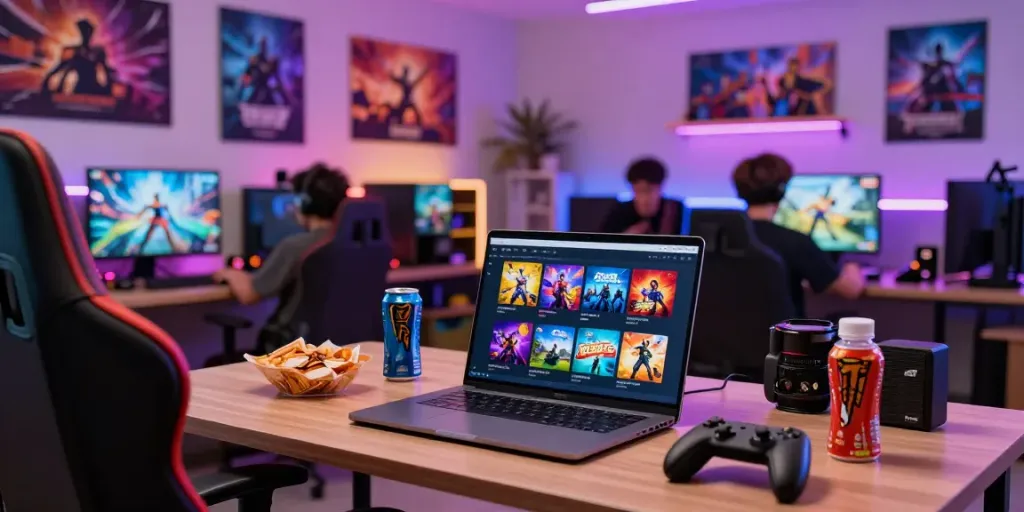 Engaging digital shopping experience at warung168 with vibrant game displays and cozy setup.