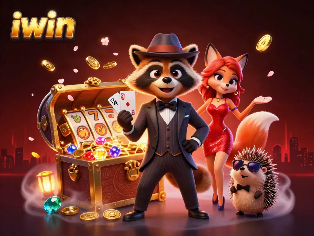 Experience iwin's dazzling gambling scene with a suave raccoon and vibrant casino elements.