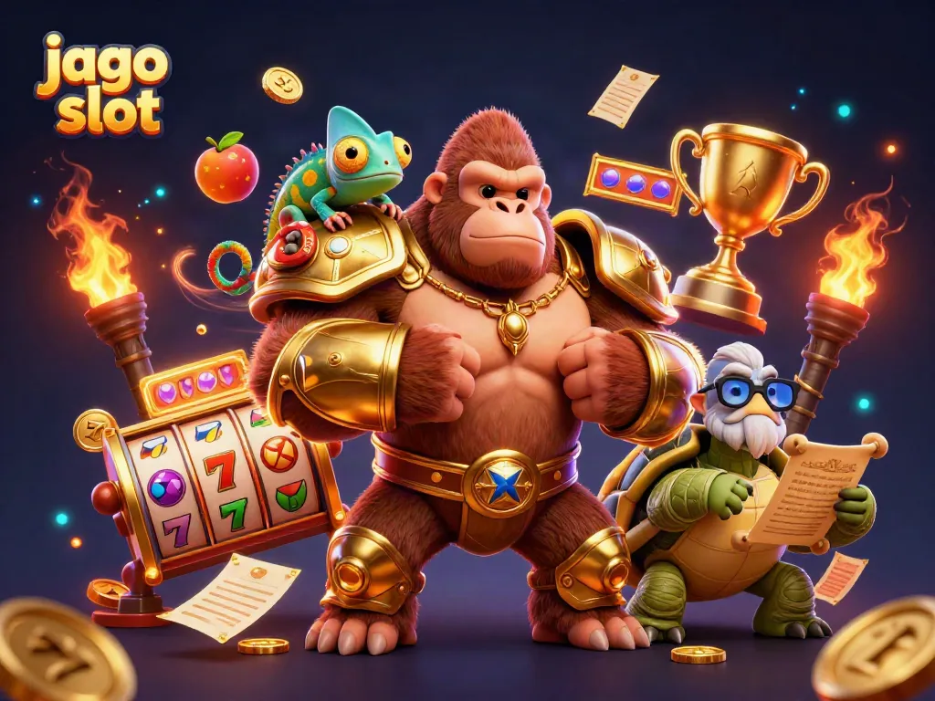 Ilustrasi 3D jago slot menampilkan gorila raja bertempur dengan chameleon di bahunya dan kura-kura bijak.
