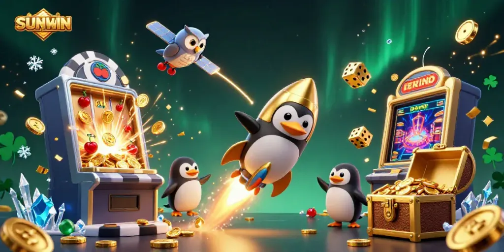 Experience exhilarating gameplay with the SUNWIN golden penguin and casino-themed elements in a vibrant 3D space