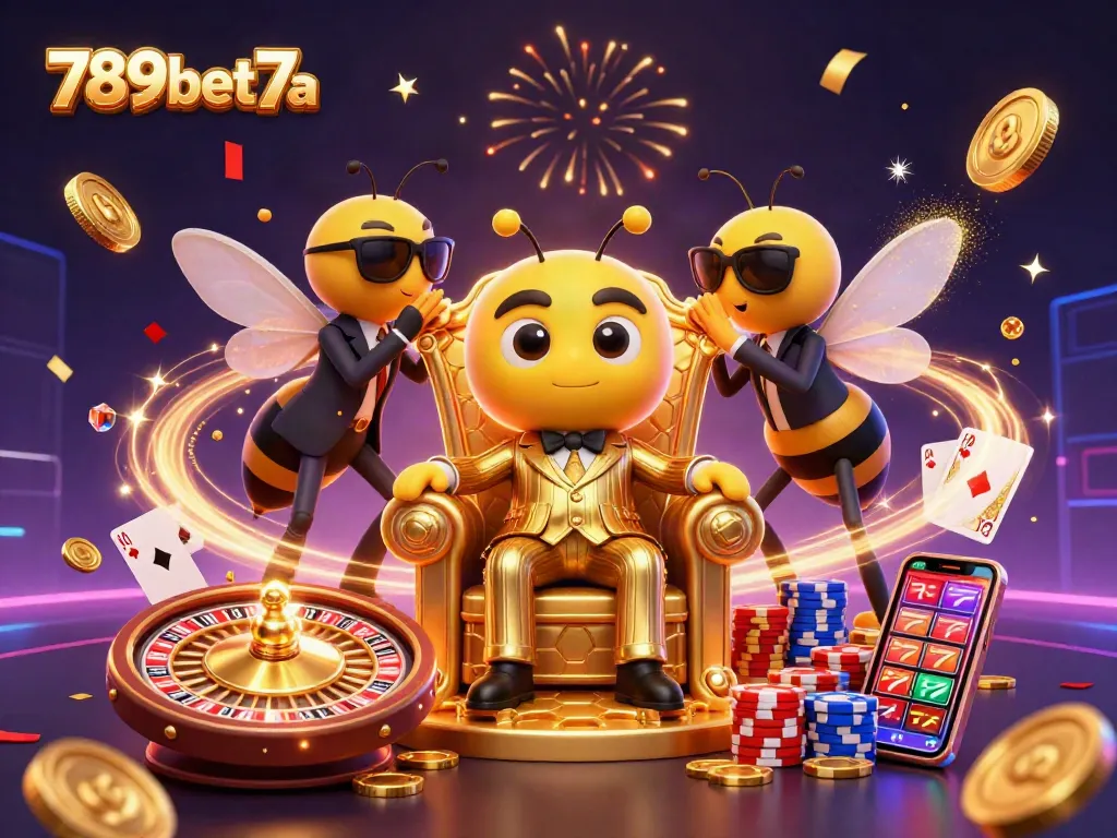 Engage with 789bet7a’s thrilling gaming scene featuring a bumblebee mob boss in a honeycomb throne, surrounded by festive casino elements.