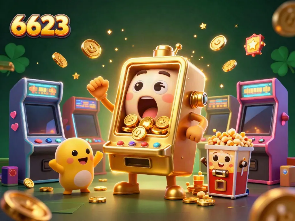 Experience excitement at 6623 with golden slot machines jackpot, vibrant game elements, and dynamic ambiance.