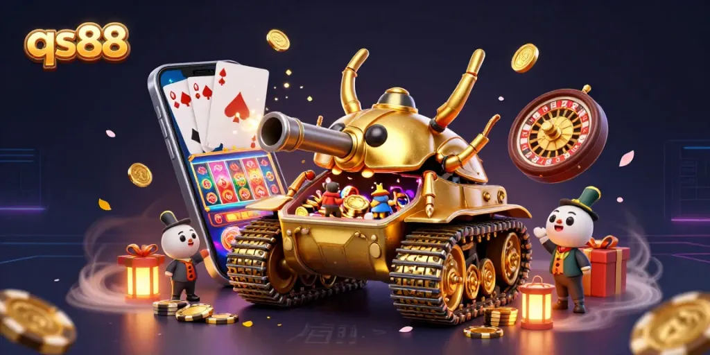 Engage in thrilling gameplay with qs88's deluxe casino tank, featuring vibrant slot reels and confetti.