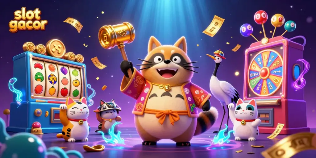 Engaging slot gacor illustration with a joyful tanuki, lucky symbols, and vibrant colors.