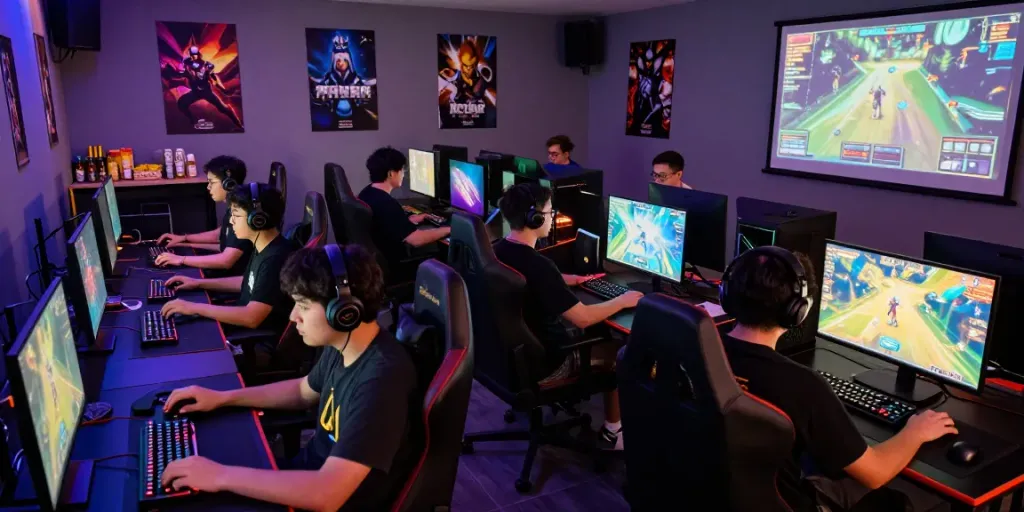 Warung168 gaming cafe scene with players engaged in exciting gameplay and vibrant atmosphere.