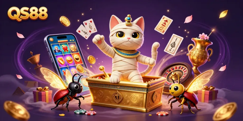 Play exciting slot games on QS88 with a captivating mummy cat and scarab beetle in a vibrant casino.