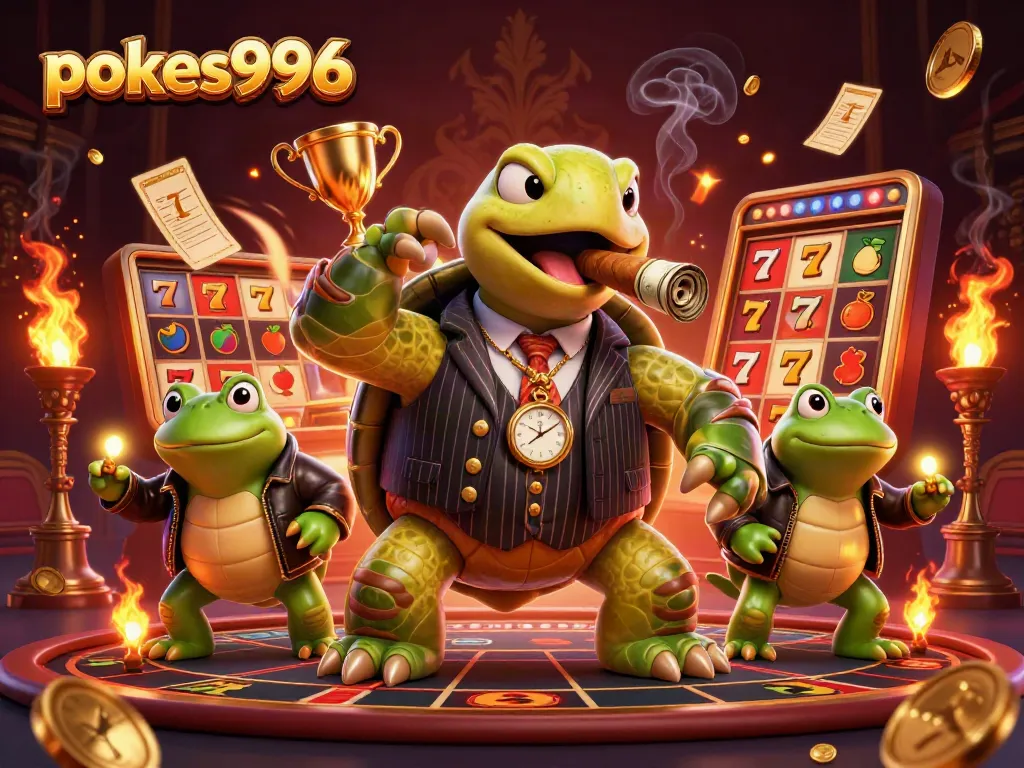 Experience pokies996 action with dynamic slot reels, a snapping turtle mobster, and exciting casino elements in a vibrant scene