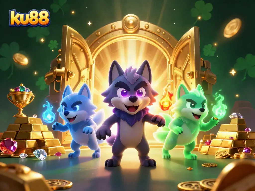 ku88 players experience thrilling wins in a vibrant 3D casino scene filled with treasures.