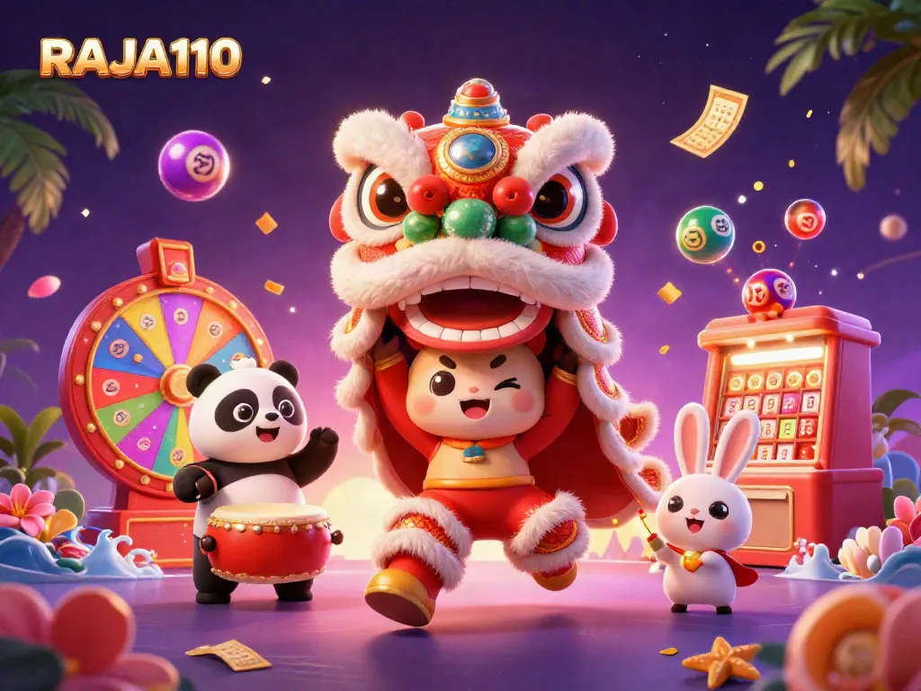 Engage with RAJA110's vibrant lottery-themed scene featuring a lion dancing and drumming panda.