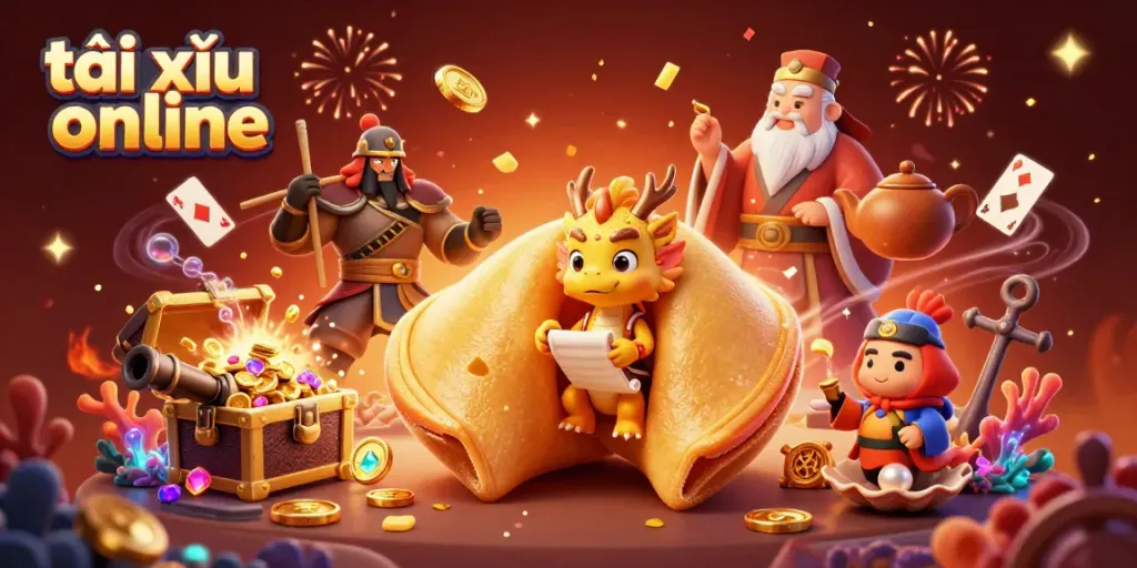 Experience the thrill of tài xỉu online with a vibrant scene of golden fortune and playful characters.