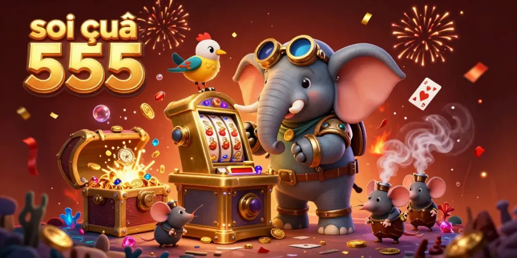 Soi cầu 555 depicts a steampunk elephant operating a golden slot machine, surrounded by casino-themed elements.