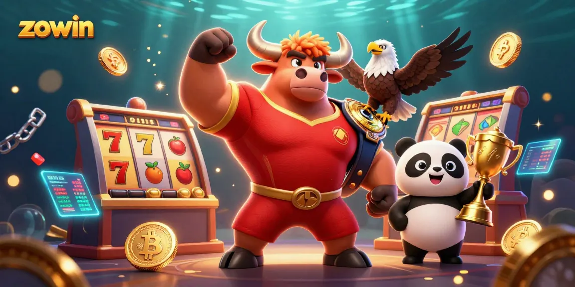 Zowin players celebrate their wins in a vibrant casino scene filled with animated characters and gaming elements.
