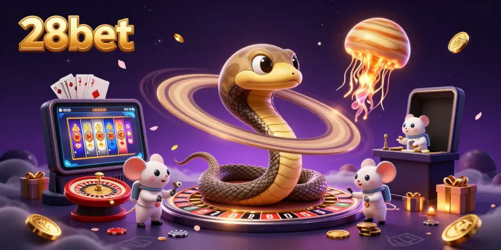 Experience thrilling gameplay at 28bet with a cosmic casino scene featuring imaginative characters and vibrant gaming elements.