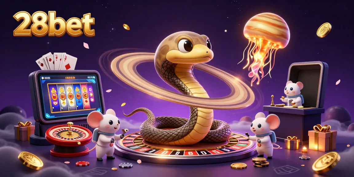 Experience thrilling gameplay at 28bet with a cosmic casino scene featuring imaginative characters and vibrant gaming elements.
