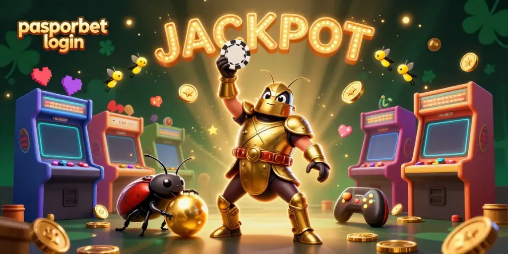 Gambarkan pasporbet login dengan serangga gladiator mengangkat chip poker, dikelilingi elemen kasino.
