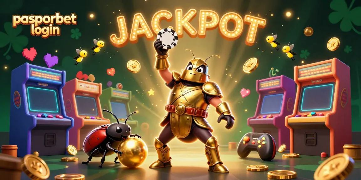 Gambarkan pasporbet login dengan serangga gladiator mengangkat chip poker, dikelilingi elemen kasino.