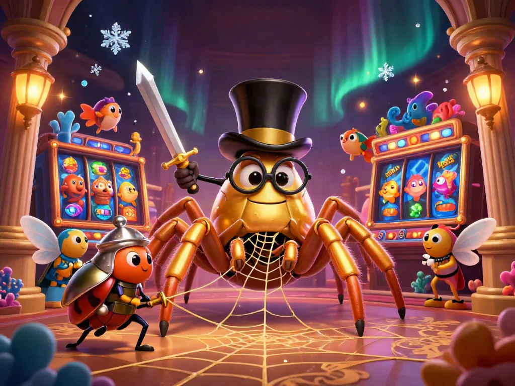 Experience thrilling gameplay at yg88 with a golden tarantula and beetle knight against a vibrant casino backdrop.