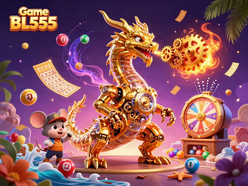 Experience the thrill of Game BL555 with a dynamic golden dragon and vibrant casino elements.