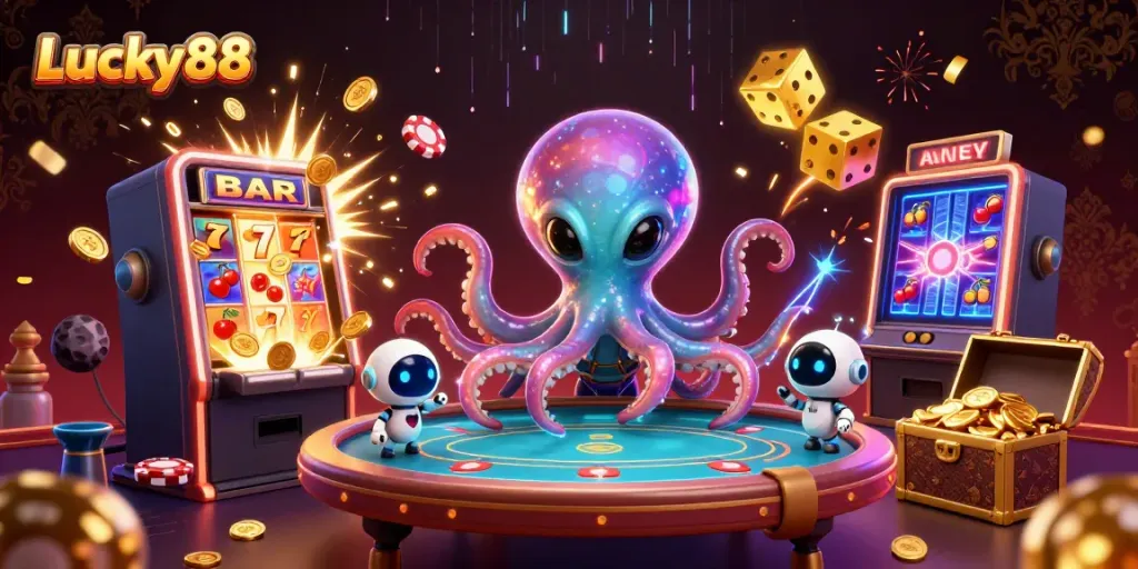 Experience captivating online gaming excitement with Lucky88's vibrant alien casino scene.