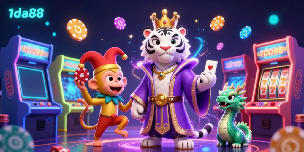 Catch the thrill of 1da88 with a lively casino scene featuring a white tiger and golden monkey.
