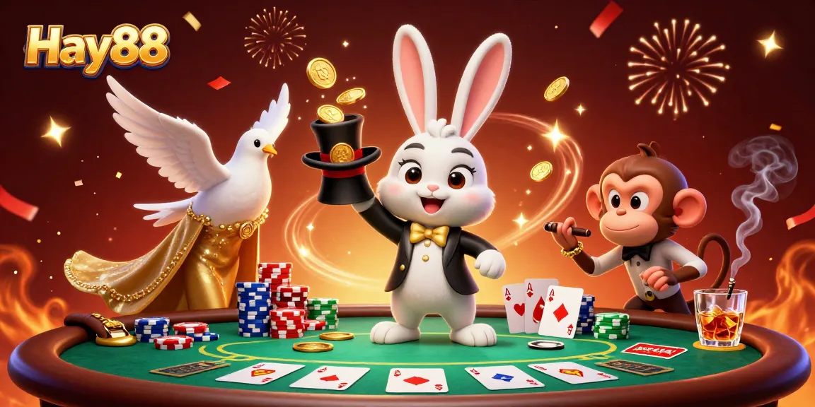Spin the reels and win big with Hay88's vibrant casino scene filled with golden coins and poker chips.