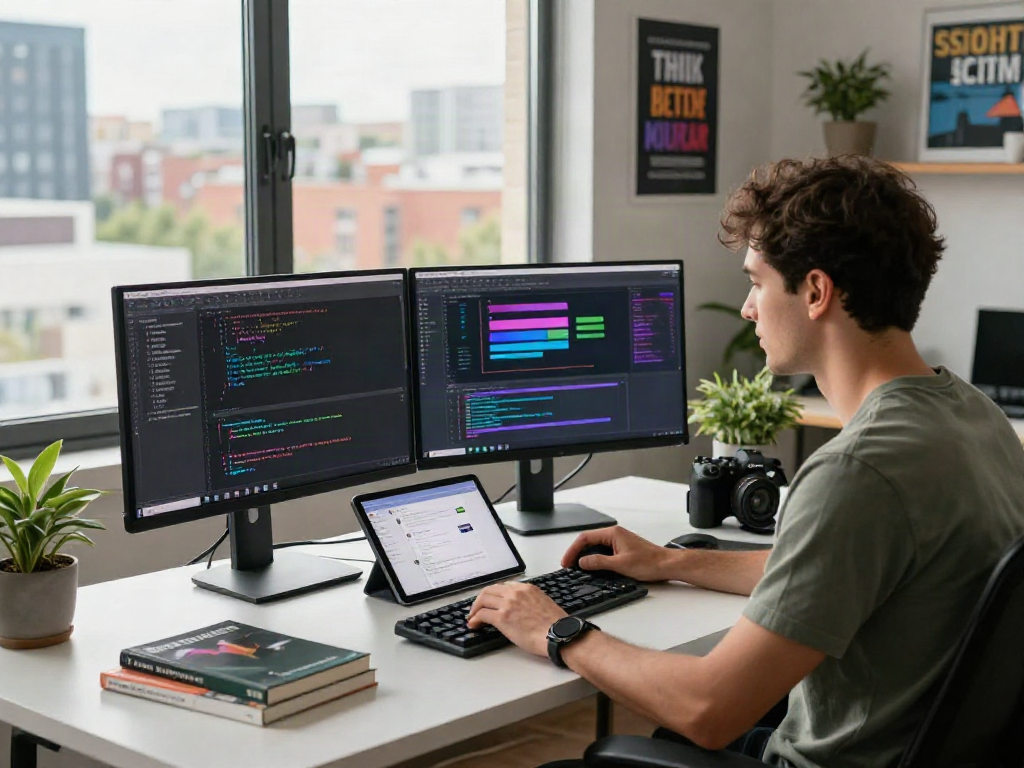 AI chat NSFW development environment with a developer coding on dual monitors, showcasing wireframes and algorithms in a modern tech workspace.