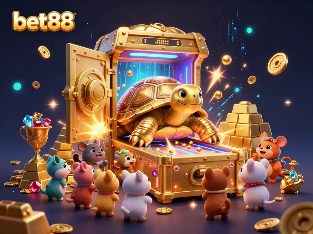 Experience thrilling fun at bet88 with a colossal tortoise pinball game surrounded by treasures.