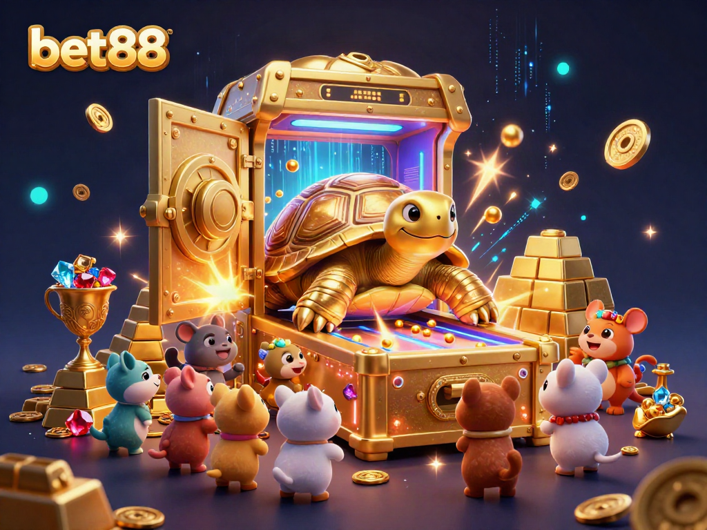 Experience thrilling fun at bet88 with a colossal tortoise pinball game surrounded by treasures.