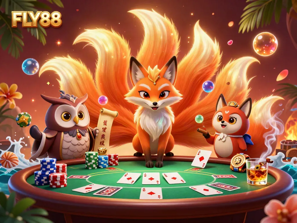 Engage with FLY88 casino excitement featuring glowing nine-tailed fox and poker elements in a vibrant illustration.