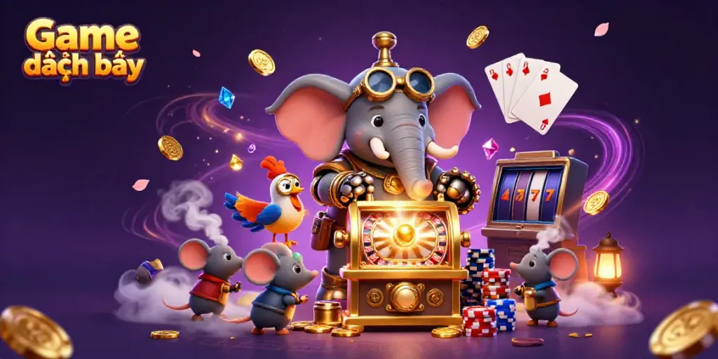 Engage in Game đánh bài with a steampunk elephant engineer at a vibrant casino scene.