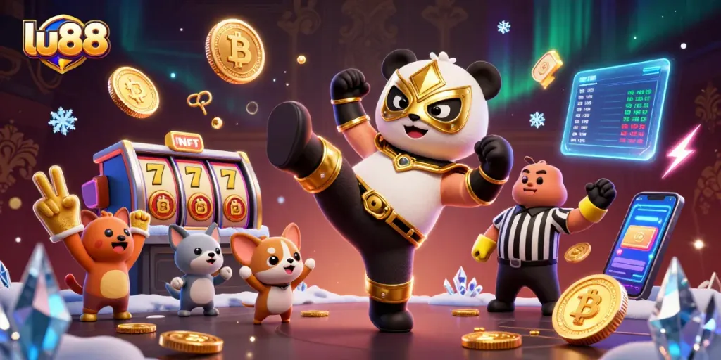 lu88 players enjoy thrilling slot games with vibrant illustrations of a wrestling panda and chihuahua referee.
