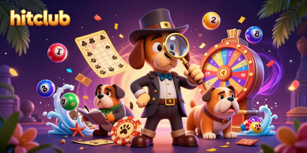 Hitclub illustration showcasing a detective bloodhound and Watson bulldog solving a vibrant casino treasure mystery.