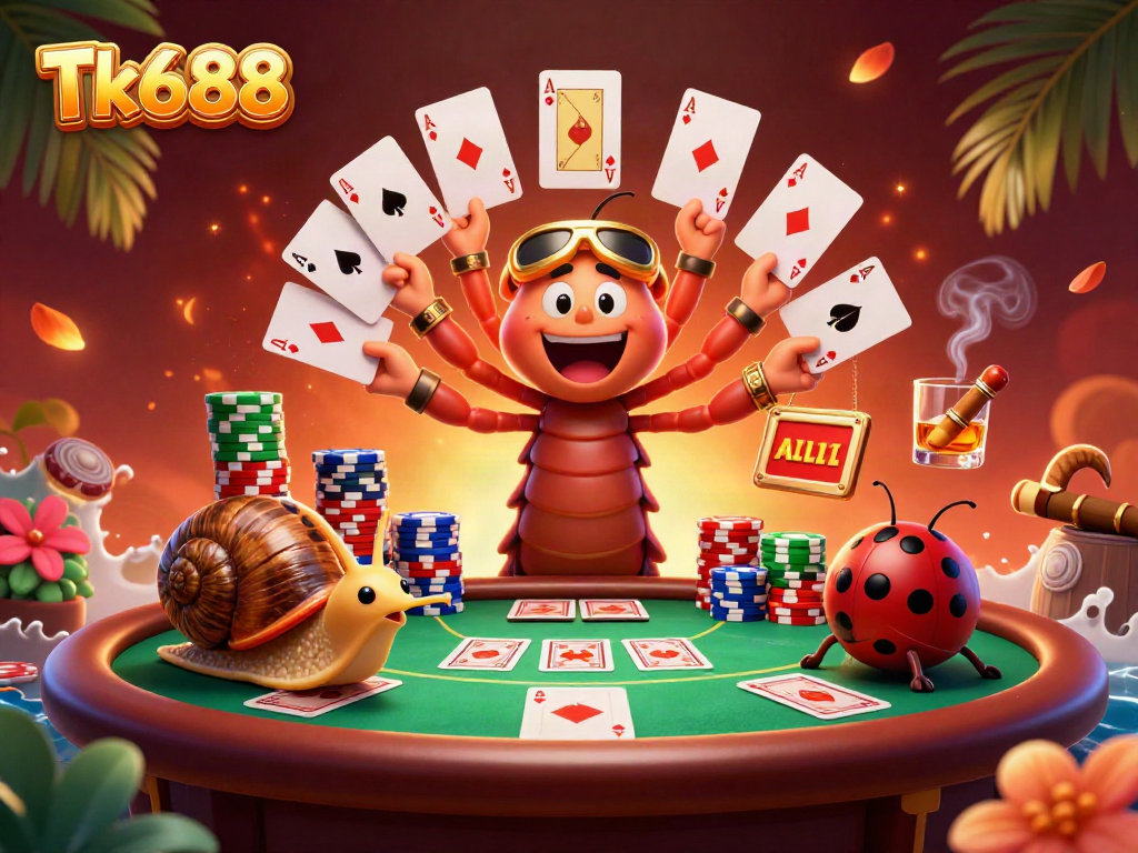 Experience exciting gaming action at Tk688 with colorful poker elements and characters in this lively illustration.