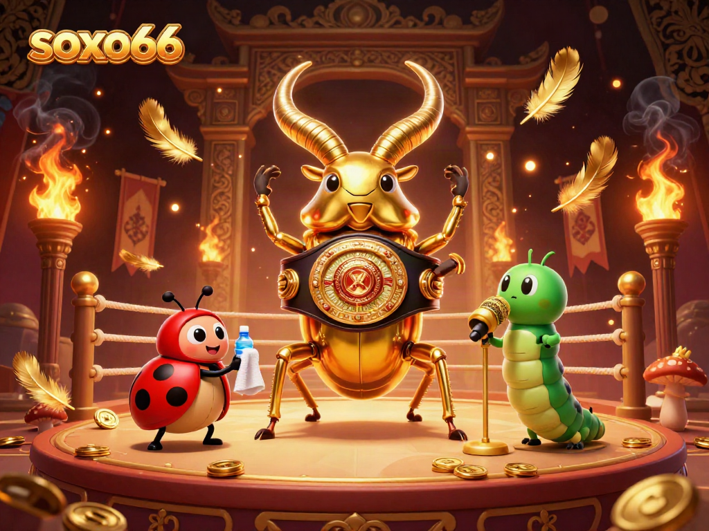 Experience the thrill of soxo66 illustrated by a golden beetle boxing champion in a dynamic casino setting.