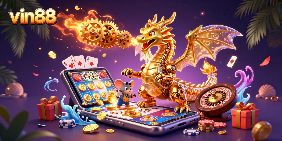 Experience thrilling gameplay with vin88’s vibrant 3D illustration of a golden dragon amidst exciting casino elements.