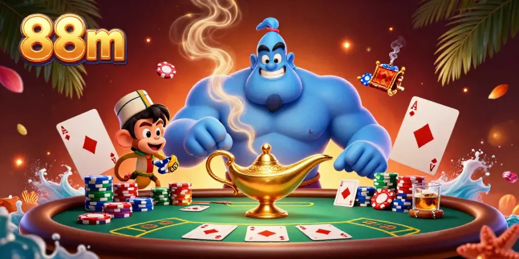 Engage in thrilling 88m casino action with a blue genie, poker chips, and vibrant game elements.