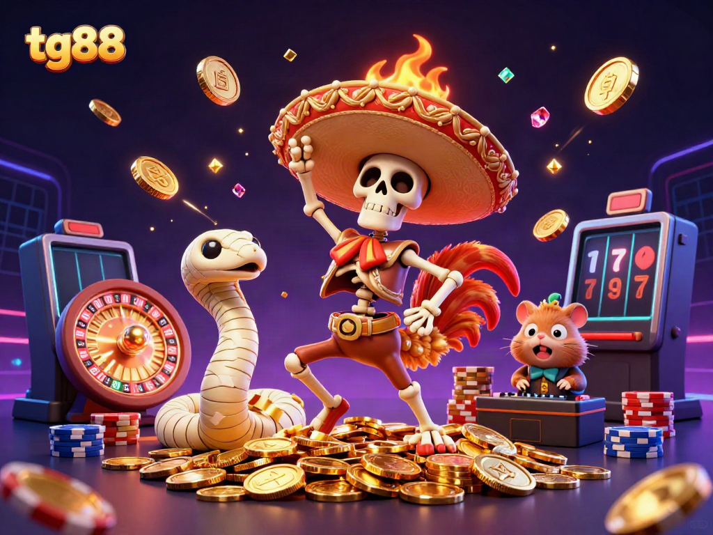 Win big with tg88 in a vibrant 3D illustration featuring carnival characters celebrating amidst cascading coins and gems.