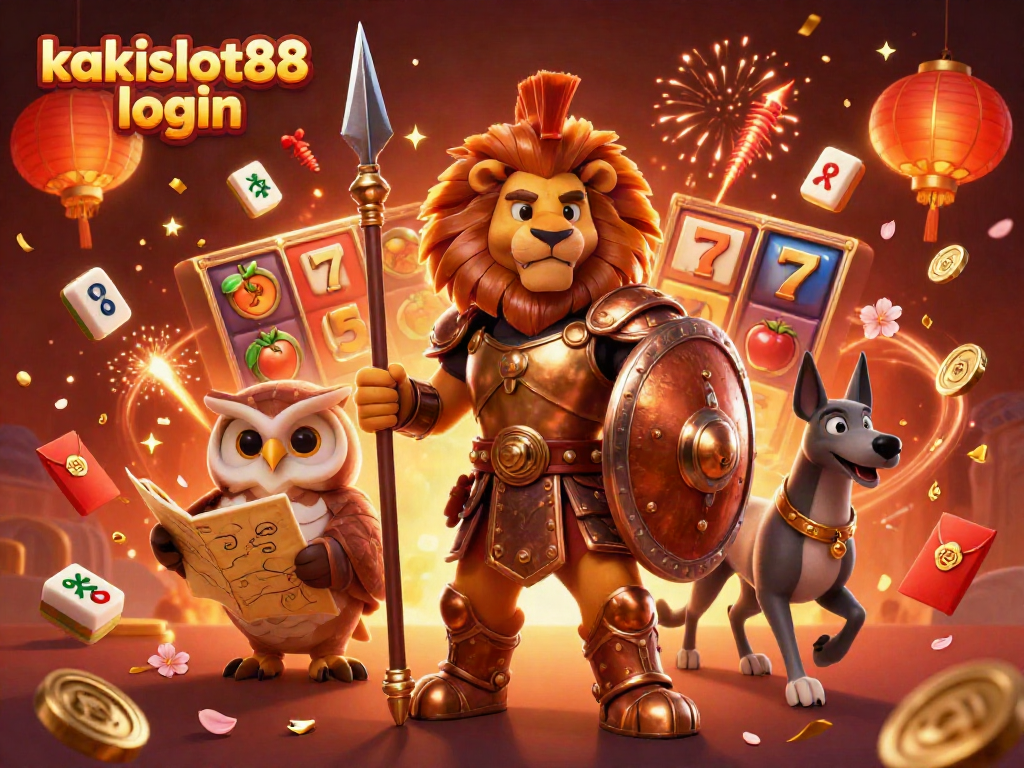 Gambarkan permainan dengan kakislot88 login, fitur slot modern serta karakter kartun strategis.