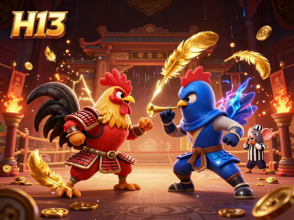 Experience intense online gaming with H13's thrilling illustrated rooster duel in a dynamic casino backdrop.