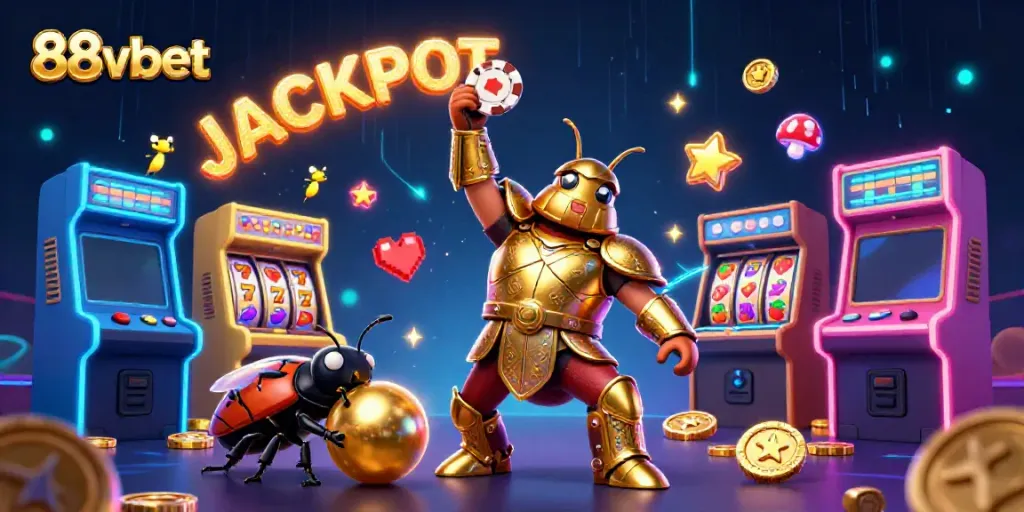 Experience the thrill of 88vbet as a heroic beetle lifts a poker chip amidst neon arcade elements.