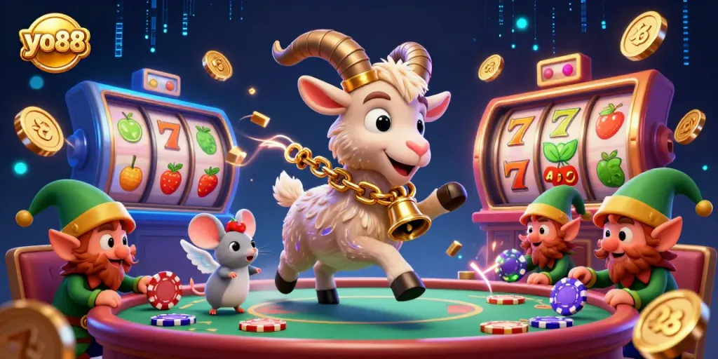 Experience the excitement of yo88 with a lively casino scene featuring a Krampus goat, angel mouse, and gremlin thieves stealing poker chips.