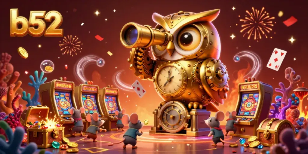 Experience thrilling gameplay at b52 with captivating 3D casino illustrations of an owl and mice amidst vibrant action.