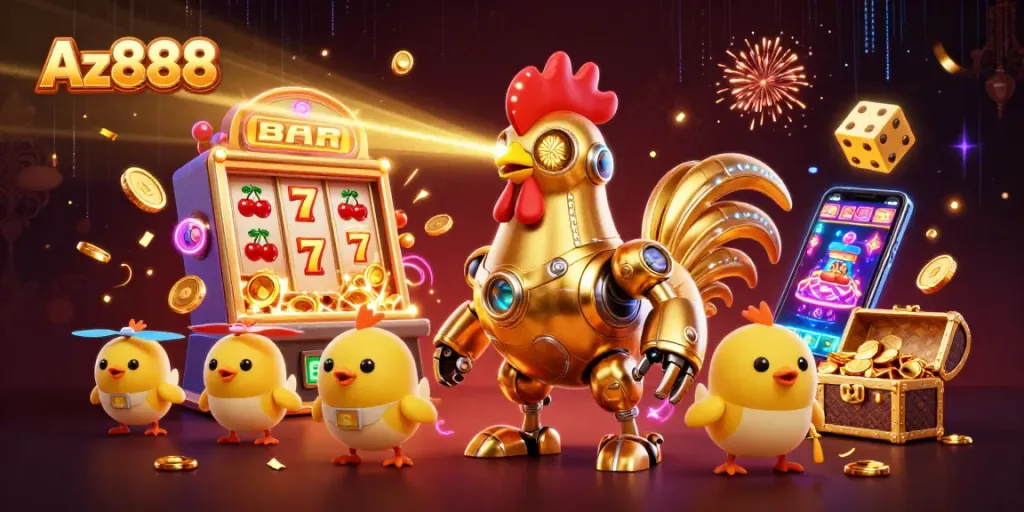 Engage in exciting casino action at Az888 with vibrant golden rooster and dynamic slot machine elements.