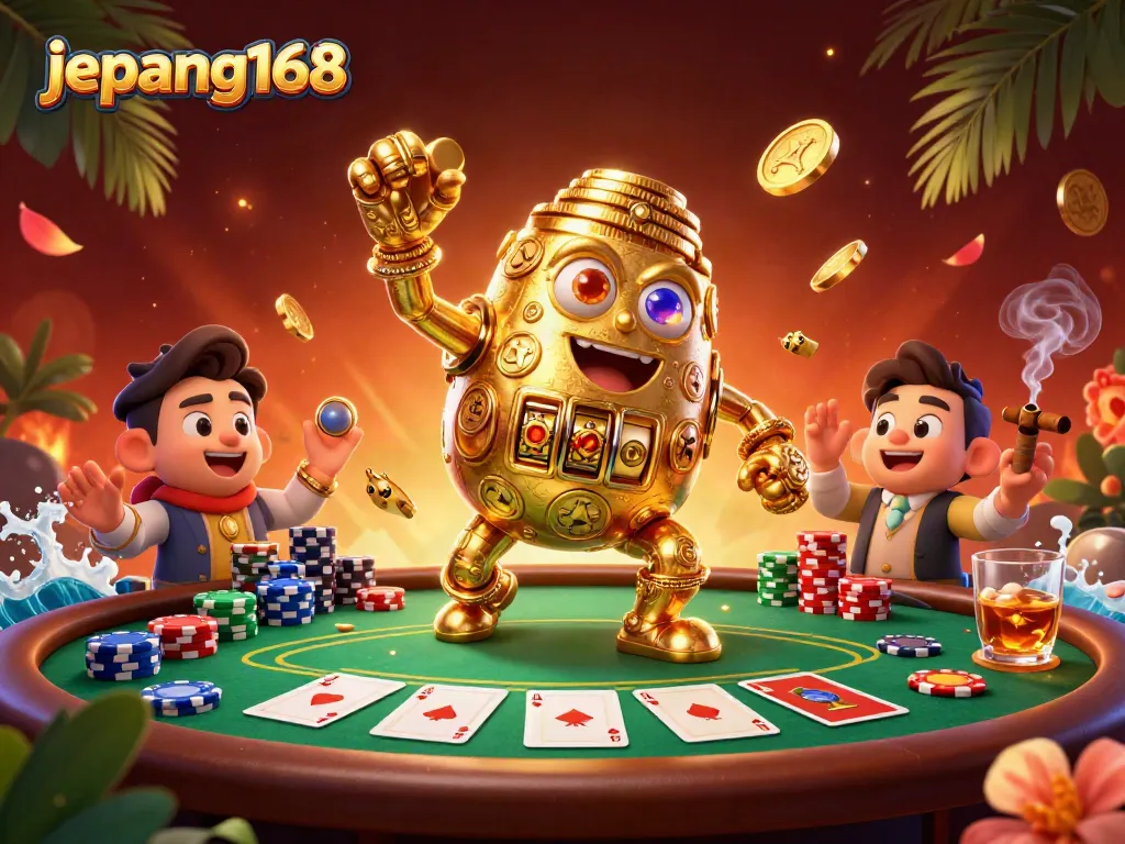 Engage in thrilling slots with Jepang168 illustrated by a golden golem surrounded by poker elements.
