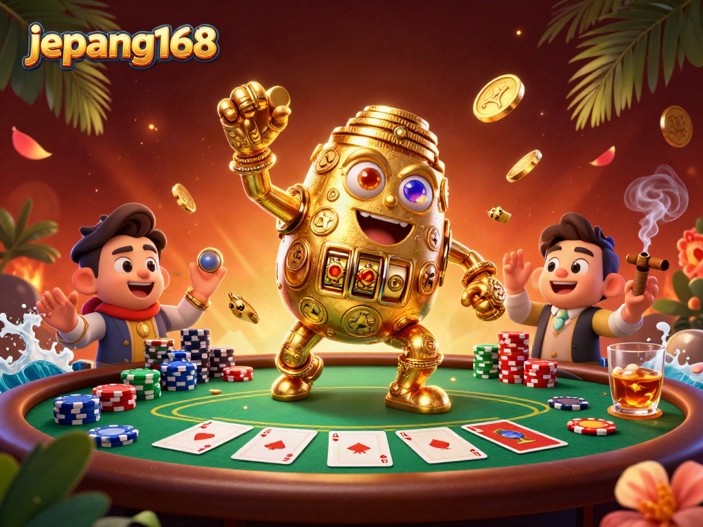 Engage in thrilling slots with Jepang168 illustrated by a golden golem surrounded by poker elements.