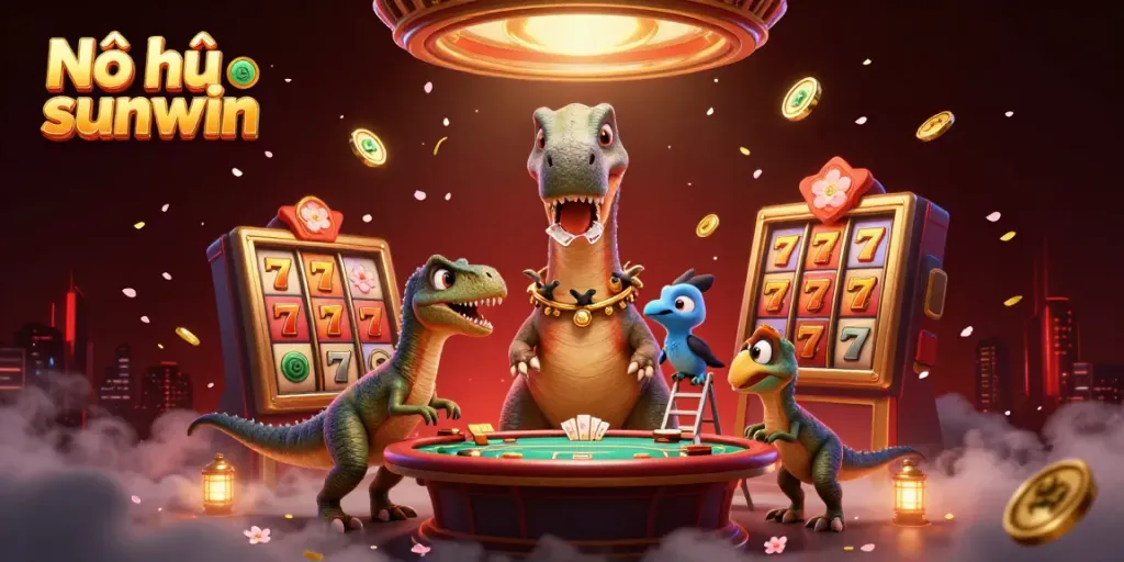 Engage with Nổ hũ sunwin featuring vibrant visuals of a cartoon brontosaurus and jackpot symbols.