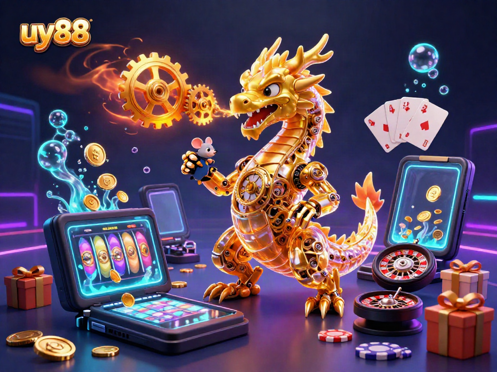 uy88 casino scene with a dragon and gambling elements like slots and poker cards, showcasing excitement.