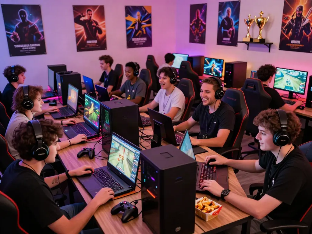 Gamers collaborating at the warung168 community event, showcasing gear and strategies.