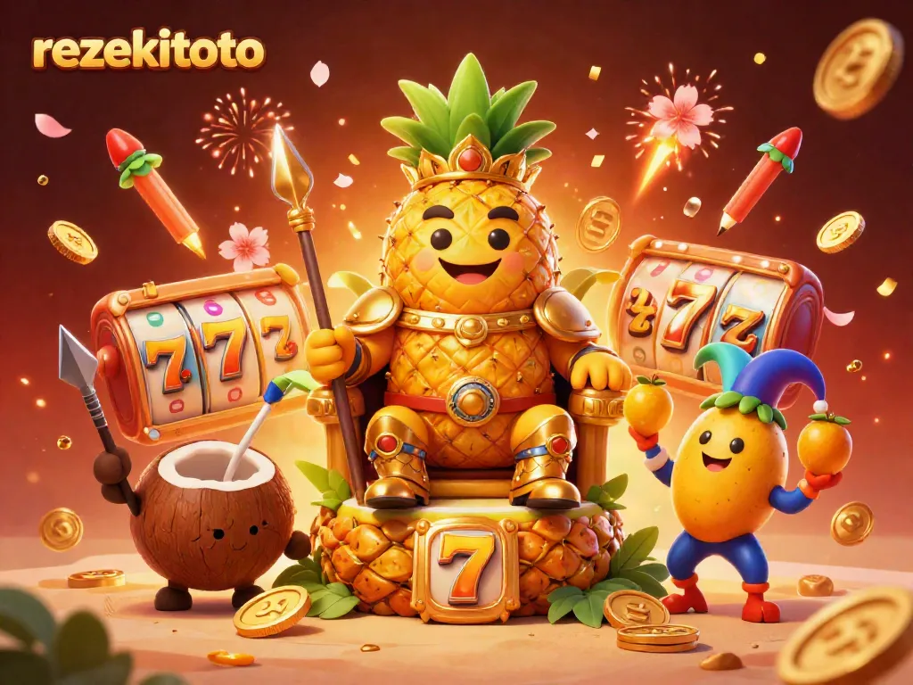 Engage with rezekitoto's vibrant online slot scene featuring a pineapple king and festive elements.