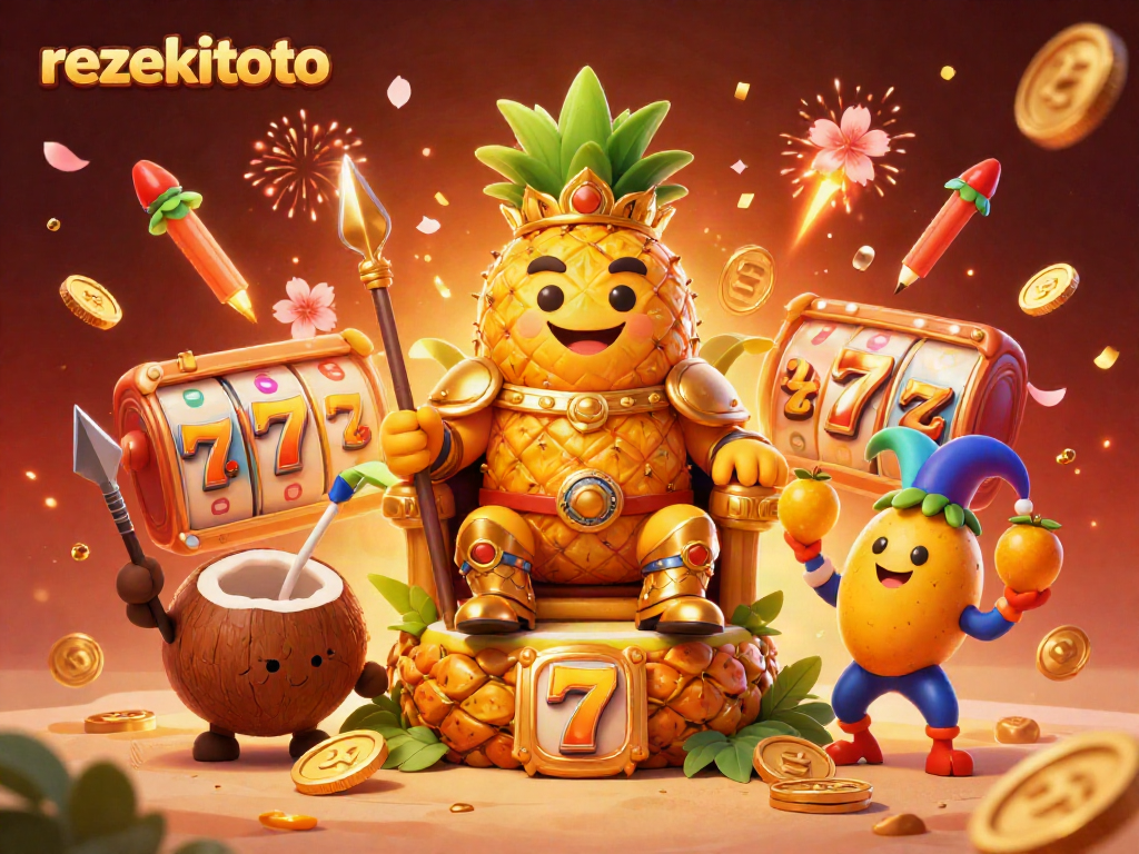 Engage with rezekitoto's vibrant online slot scene featuring a pineapple king and festive elements.
